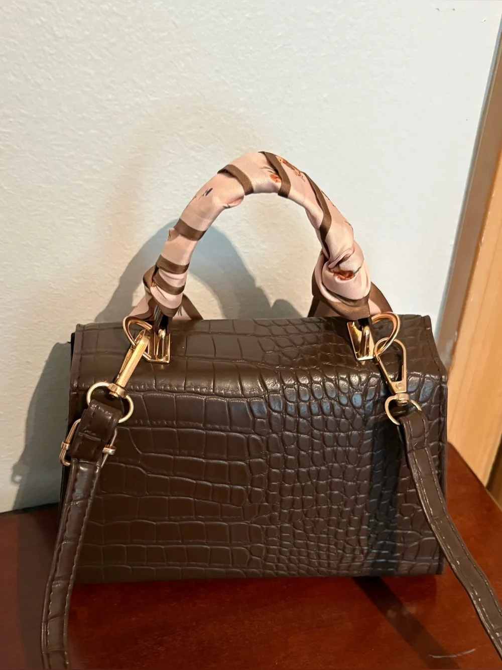 Coffee Brown Croc-Embossed Mini Top Handle Bag With Gold-Tone Clasp w/ Twilly